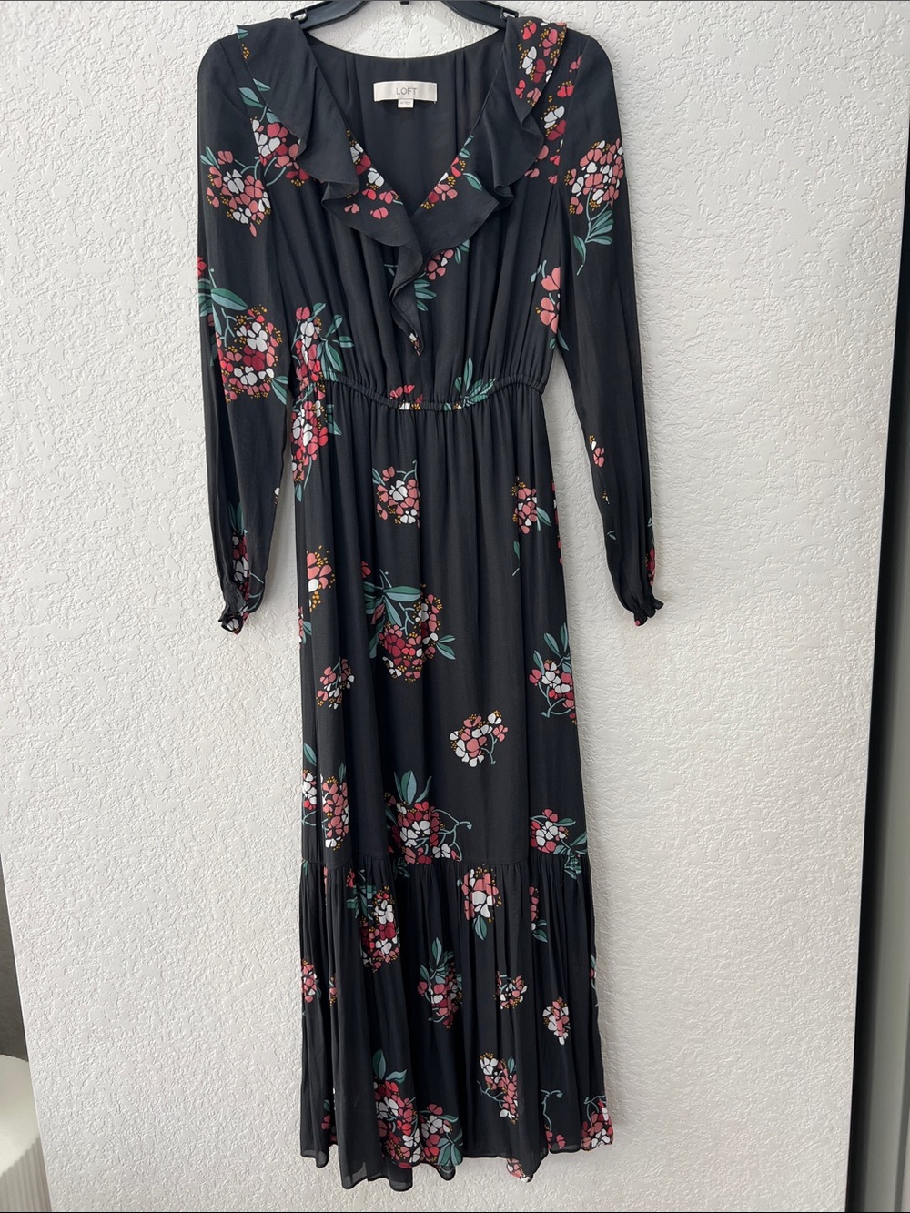 LOFT Black Floral Ruffle-Trim Long Sleeve Maxi Dress
